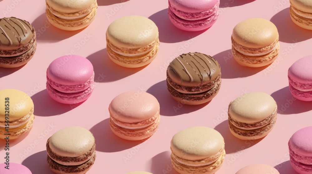 Poster A set of macarons in pastel shades placed in a grid pattern on a light pink background, creating a pleasing visual contrast of colors and textures.