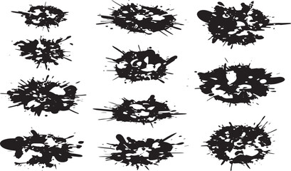 Twelve unique black ink splatter designs isolated on white background