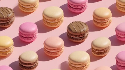 Obraz premium A set of macarons in pastel shades placed in a grid pattern on a light pink background, creating a pleasing visual contrast of colors and textures.