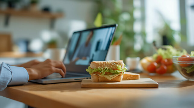 Woman typing on laptop in kitchen with sandwich on wooden board. Work from home concept with remote office and healthy food.