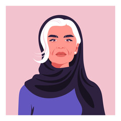 Portrait of an elderly Arab woman. Muslim grandmother in a headscarf. Middle Eastern. Vector flat illustration