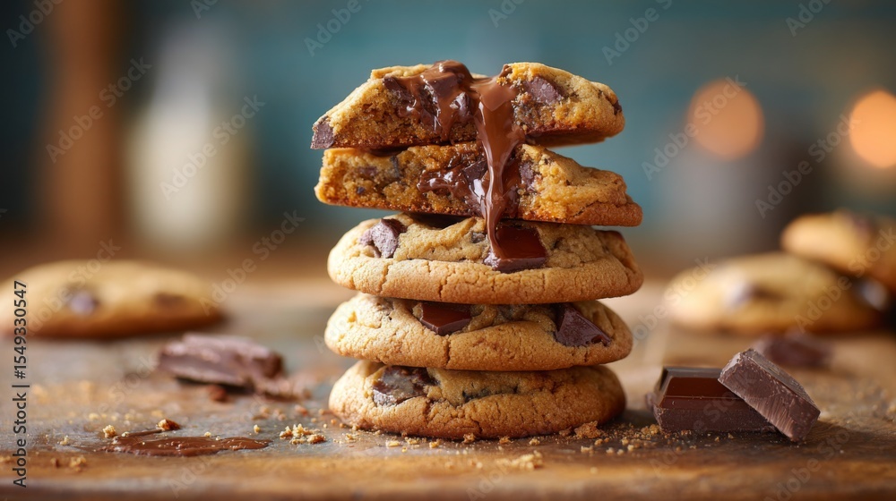 Poster A stack of chocolate chip cookies with gooey chocolate chunks melting from the inside, placed on a rustic kitchen countertop