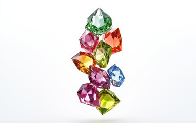 Fototapeta premium Luxurious cluster of multicolored gemstones, including peridot, garnet, and aquamarine, suspended in the air on a white background