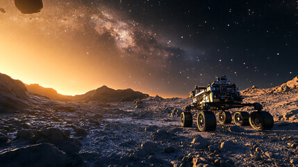 Exploration Rover on a Rocky Exoplanet at Sunset