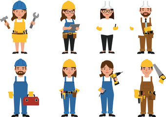 Cartoon workers, construction team, engineers, builders, hard hats, tools, blueprint, teamwork, planning, illustration, uniform, equipment, design, manual labor, diverse team, technical gear, safety, 