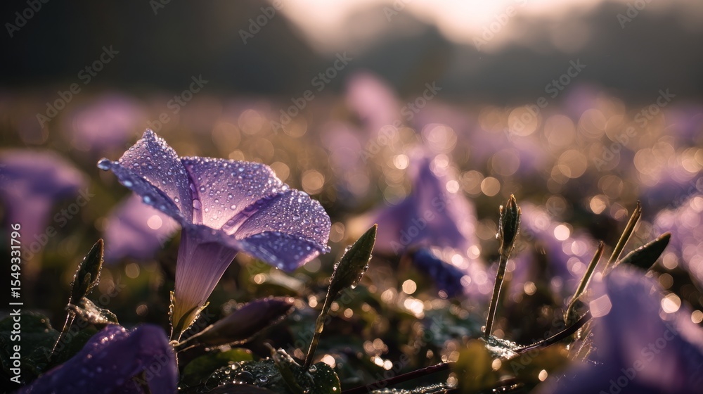 Poster a stunning view of a field of morning glories adorned with droplets, capturing the freshness of dawn
