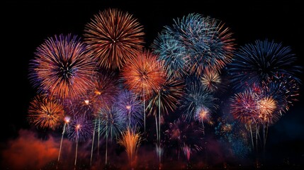 A spectacular fireworks display lighting up the sky during a fireworks festival, with various colors and patterns illuminating the night