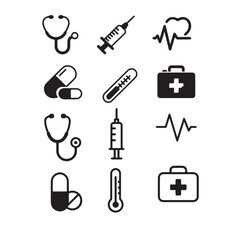 Medical Icon Set – 12 Black and White Healthcare Symbols | Vector EPS