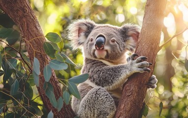 Obraz premium Adorable koala clinging to a eucalyptus tree, warm afternoon light filtering through the leaves, natural outdoor lighting