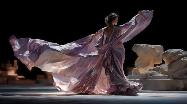 A dramatic paso doble performance with dynamic lighting and statues