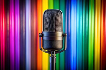 Black microphone in front of a vibrant rainbow colored background
