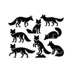 Set of Black Fox Silhouettes in Various Poses Vector Animal Illustration.