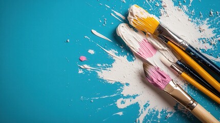 Obraz premium A vibrant assortment of colorful paints and brushes sprawled on a creative backdrop, signifying artistic expression and the joy of painting, inviting creativity and inspiration.