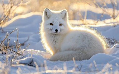 Arctic fox blending into snowy tundra, soft winter sunlight highlighting its fur, natural outdoor lighting