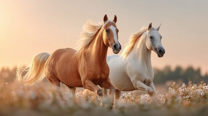 Obraz premium beautiful horses running through a flowering meadow