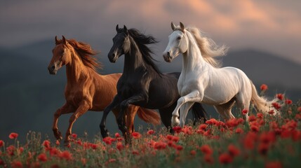 Obraz premium beautiful horses running through a flowering meadow