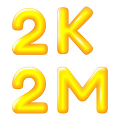 Glossy 3D Balloon Style 2K and 2M Text with Golden Letters isolate on Transparent Background Vectors Illustrations. Ideal for social media milestones, follower celebrations, and digital design.
