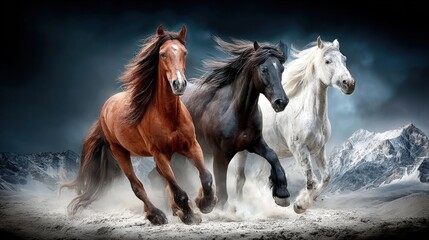 Obraz premium three horses: black, red and white run on white sand against the backdrop of mountains