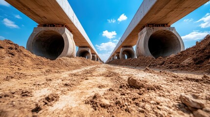 An industrial construction site featuring large concrete pipes aligned under a clear blue sky, capturing the essence of modern development and structural engineering.