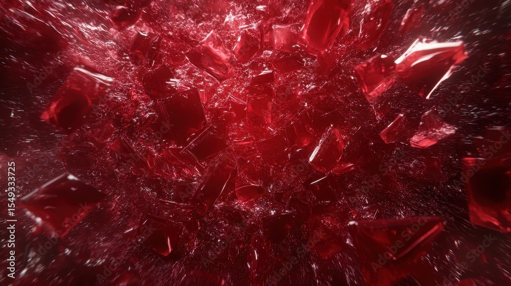 Poster an abstract explosion of ruby-red shards, creating a captivating visual that evokes emotions of pass