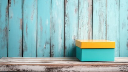 This image displays a bright, colorful gift box resting on a rustic wooden surface, evoking feelings of joy, celebration, and warmth, ideal for promotional content related to gifting.
