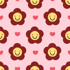 Adorable smiley flower pattern with heart eyes on pink background. Fun and cheerful design for kids, Valentine’s Day, fabric, wrapping, and cute-themed projects.