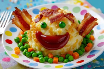 Funny food monster with a round mashed potato body, crispy bacon arms, peas for eyes, and a wide ketchup grin, served on a playful polka-dot plate with colorful vegetable confetti.