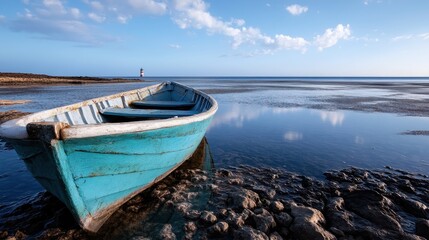 An abandoned blue boat rests on rocky shores, surrounded by calm waters and distant lighthouses, representing nostalgia and the passage of time along stunning coastlines.