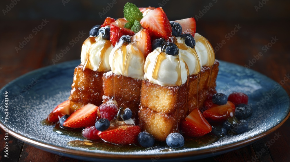 Aufkleber a top-down view of a plate of honey toast stacked high, generously topped with whipped cream, fresh 
