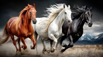 Obraz premium three horses: black, red and white run on white sand against the backdrop of mountains