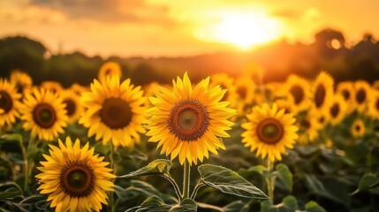 Obraz premium Sunflowers in a field at sunset (1)