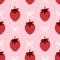 Cute strawberry pattern with white bows on a pink background. Sweet and playful design, perfect for fabric, packaging, kids’ items, and kawaii-themed projects.