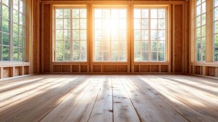 A spacious, sunlit room framed by expansive windows offering a view of nature, creating a warm and inviting atmosphere perfect for relaxation or gatherings.