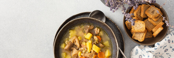 Oyster mushroom soup in plates, soup made from Pleurotus mushrooms and potatoes, carrots and spices, top view, copy space, banner