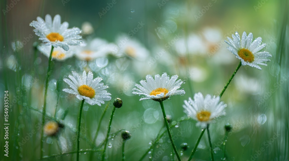 Poster a tranquil scene of a bunch of daisies with water droplets, captured in soft morning light, creating