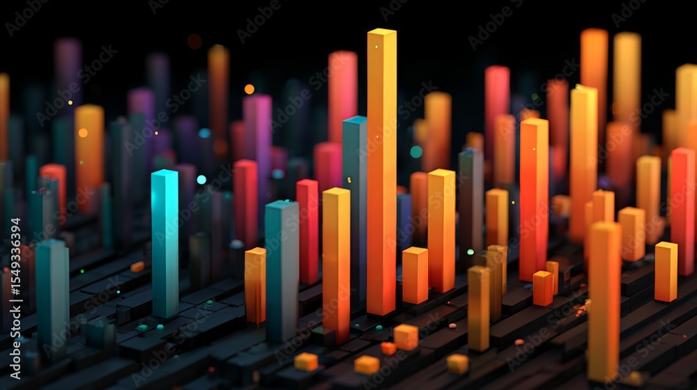 Poster A vibrant D bar graph with colorful bars rising at various heights, displayed on a sleek dark background, showcasing data visualization in a modern business context.