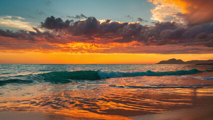 Fototapeta premium Sunset by the Shore: Witness the breathtaking moment where the sun dips below the horizon, painting the sky with fiery hues, reflected in the tranquil sea. The waves gently caress the shore.
