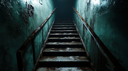 An unsettling perspective of a dimly lit staircase in an abandoned space reveals rust and decay, evoking a feeling of mystery and intrigue in the atmosphere.