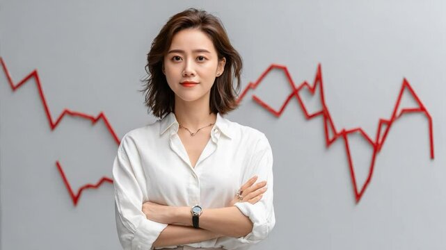 Businesswoman amidst Economic Trends: A determined businesswoman stands confidently before a backdrop depicting economic trends, portraying her poised demeanor against a backdrop of market dynamics.