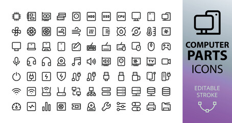 Naklejka na ściany i meble Computer parts icons set. Set of pc hardware, cpu, motherboard, gpu, ssd, hdd, mouse, keyboard, flash drive, pc cooler, usb cable, computer accessories vector icon with editable stroke