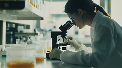 Scientist examining samples under a microscope in a laboratory setting