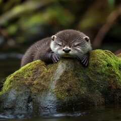 Obraz premium Playful Otter Balancing on Rock in Serene River Environment