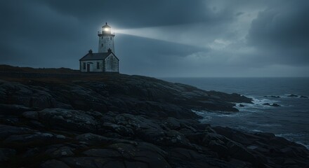 Lighthouse beam cutting through the stormy night