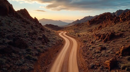 A beautiful winding dirt road snakes through a breathtaking mountain landscape at sunset, showcasing the natural beauty of the surroundings and inviting adventure.