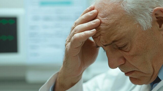 Concerned senior man touching forehead with medical chart, symbolizing health checkup and stroke risk awareness, elderly healthcare and medical examination concept.