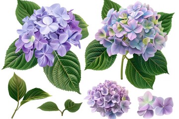 Ultra Quality Image of Set of Hydrangeas with Bushy Leaves Isolated on Transparent Background