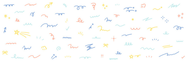 手書きの集中線や矢印などのあしらいのベクターイラストセット。手描き、落書き、飾り、やじるし