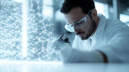 Scientist Examining Sample Under Microscope with Molecular Structure Overlay