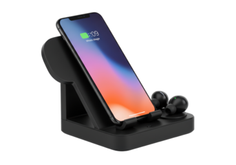 Isolated Black Wireless Charging Dock with Smartphone and Earbuds