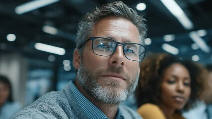 Focused Leadership: A close-up, revealing the intensity of a professional with glasses. The image is bathed in natural light, underscoring a setting of collaboration and open communication. 
